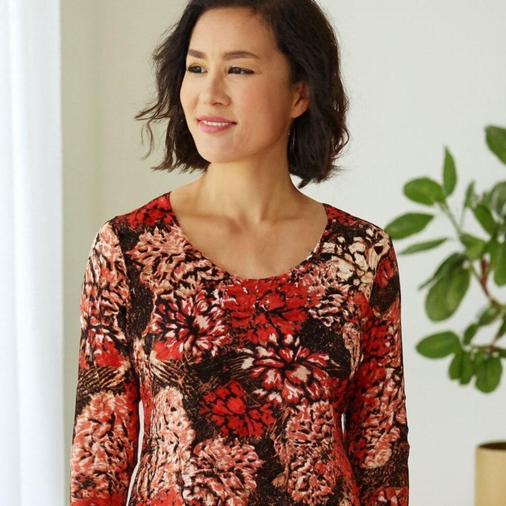 Chicos Travelers‎ Rust/Brown Floral Stretch Resort Artsy Long Sleeve Top Women 1